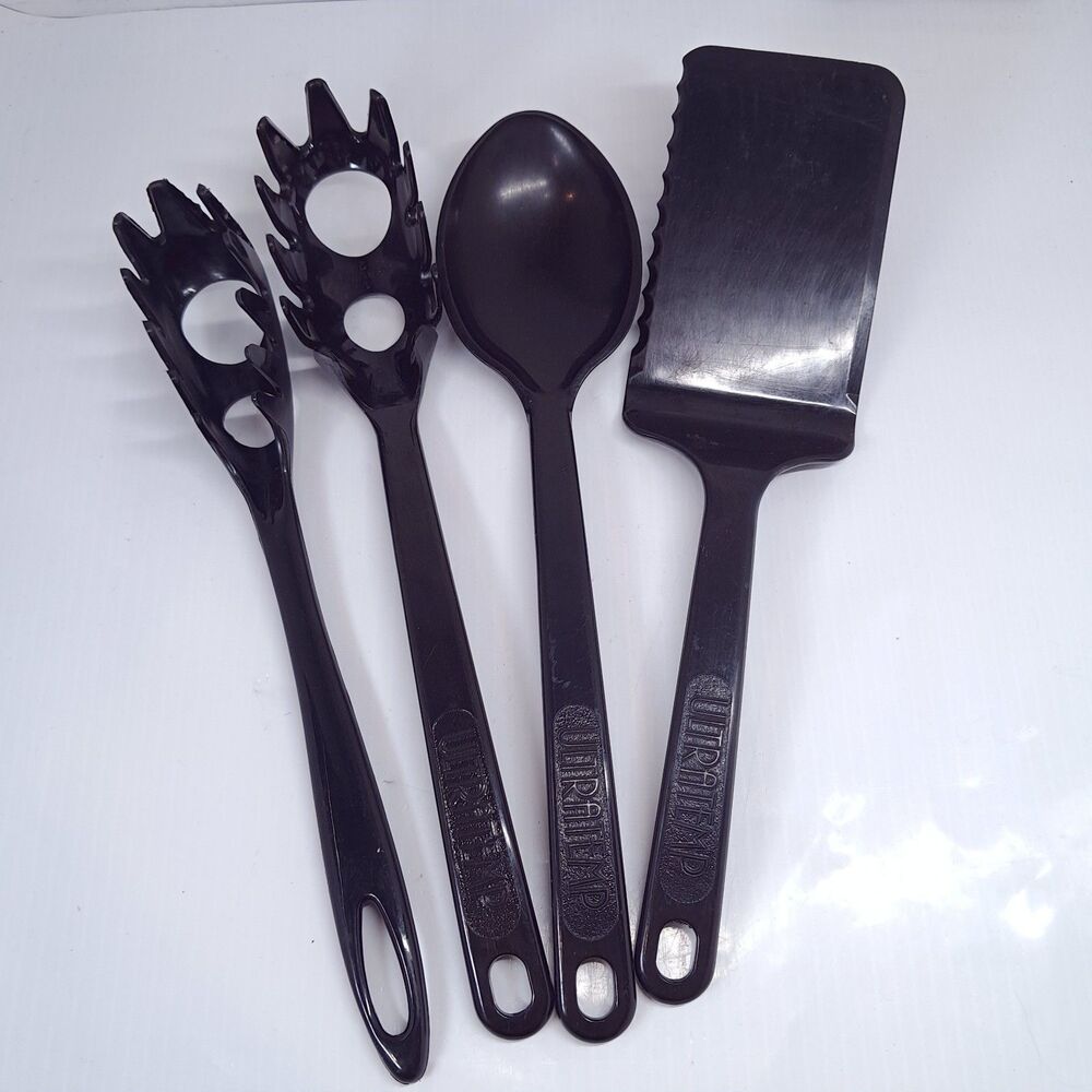Vintage Ultratemp Black set 4 Serrated Spatula Flipper Solid spoon pasta fork US